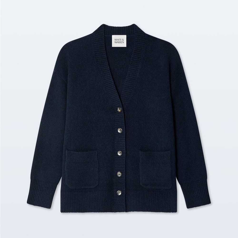 White & Warren Cashmere Luxe Pocket Cardigan - Deep Navy - luxury Brand - NEW